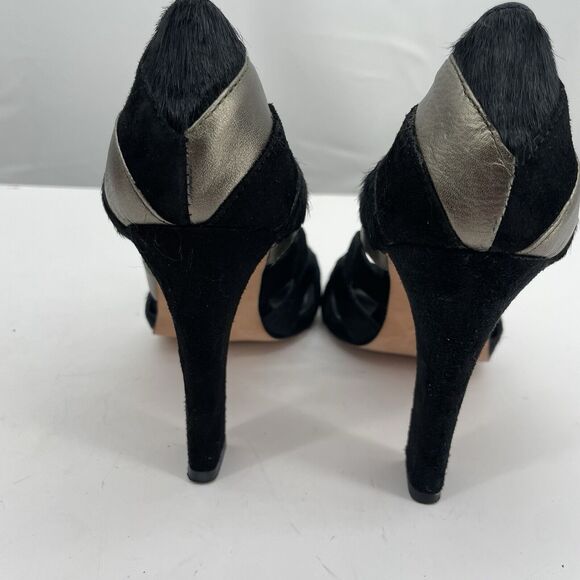 STEVEN Steve Madden Size 6.5 Suede Leather Cutout High Heels Black Silver Fur - Picture 7 of 9